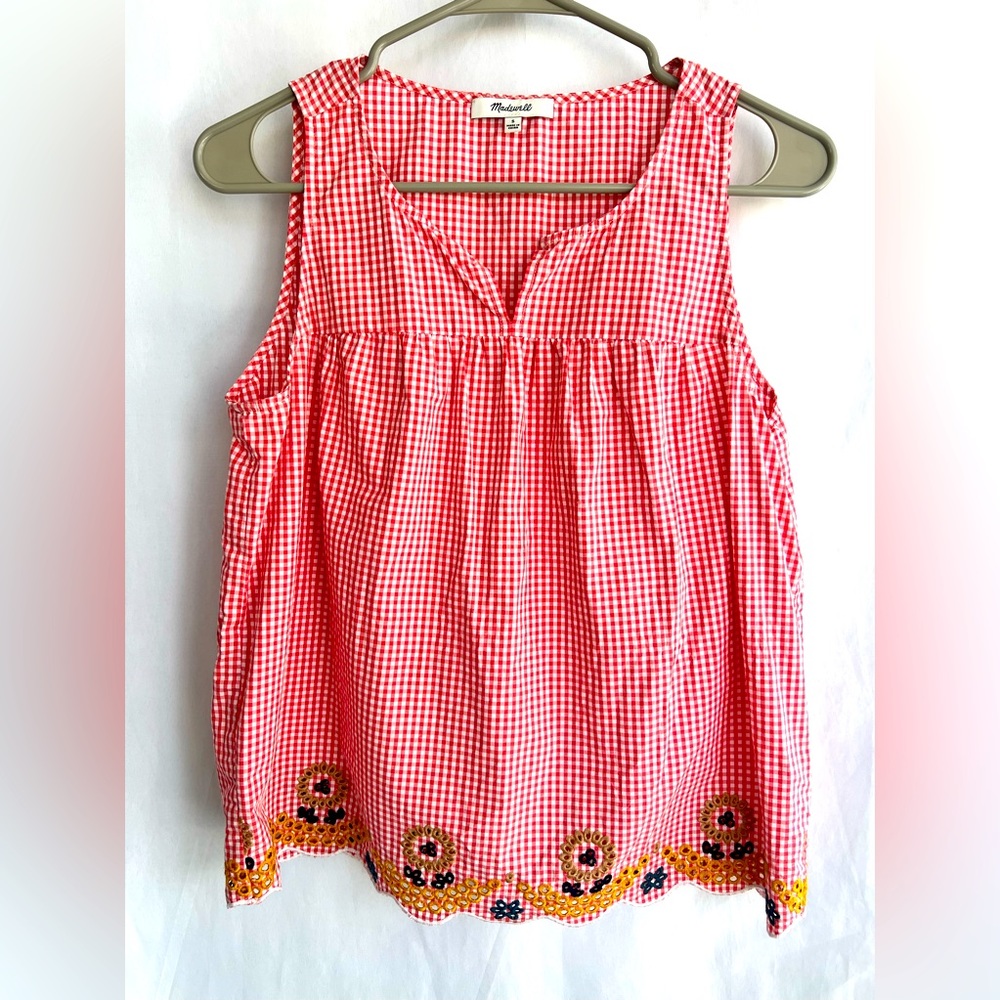 Madewell Red Checkered Tank-Top with Embroidered Bottom